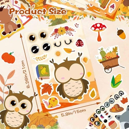 24 Sheets Fall Stickers for Kids Toddlers, Autum Animal Stickers Make-a-face Sticker Make Your Own Sticker 8 Designs of Animal Owl Squirrel Hedgehog Fox Fall Party Decorations Supplies - style: Fall Animal Stickers