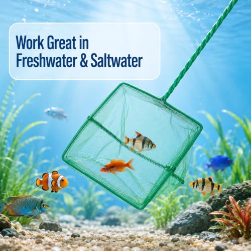 Aquarium Fish Net with Braided Metal Handle, 6'' Fish Net for Fishes Tank Soft Nylon Mesh for FishTanks Sludge Food Residue Wastes Skimming Cleaning Nets (Green)