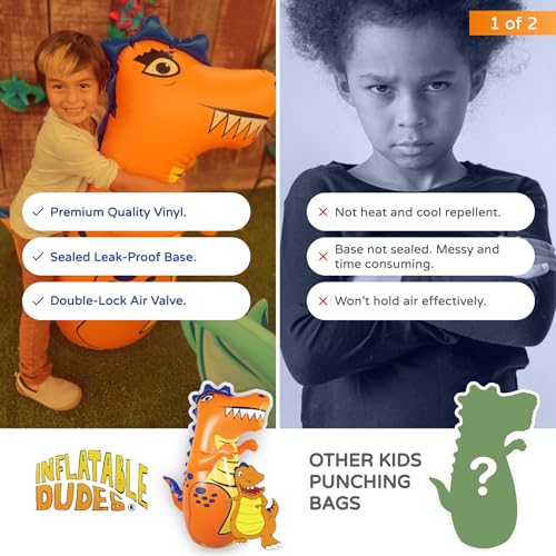 INFLATABLE DUDES Kids Punching Bag- Bop Bag | Sand-Base - color: Orange Rex | Pre-filled with Sand, size: 47"
