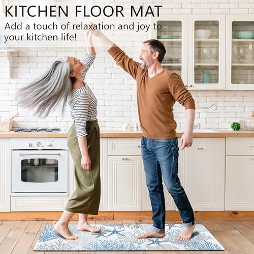 Coastal Kitchen Rugs and Mats Set of 2 Beach Nautical Blue Kitchen Decor Anti Fatigue Cushioned Kitchen Floor Mats Non Slip Waterproof Standing Mat for Laundry Office