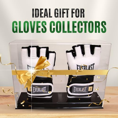 Deluxe Double MMA Glove Display Case | Fight Glove Display Case with Sturdy Base & Stand | Crystal Clear Acrylic UV Protection | Ideal for Football or Baseball Batting Gloves