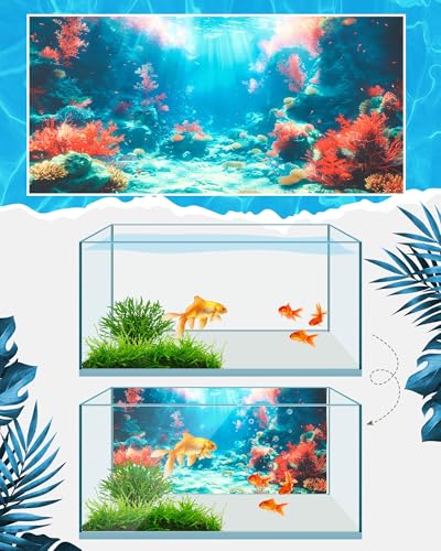 4 Pack Aquarium Background Polyester 36 x 18 Inch Cloth Fish Tank Background Undersea Corals Sunshines Rock Aquatic Plants Wallpaper with Double-Sided Tape