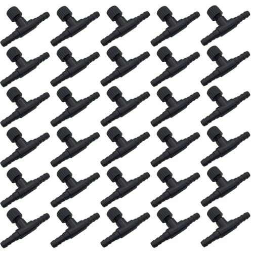 30 Pcs Aquarium Control Valves, 2-Way T Shaped Fish Tank Air Control Valve for 3/16" (4 mm) ID Air Tube(Black)