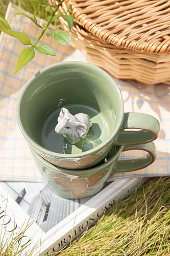 DIHOclub Elephant Coffee Cup Ceramic 3D Wild Animal Inside Mug,Cute Cartoon Handmade Figurine Mugs,Holiday and Birthday Gift for Coffee Milk Tea Lovers,12 O(Green Elephant) - color: Green Elephant