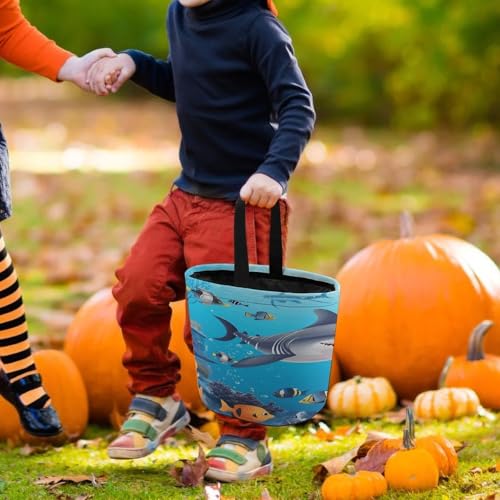 Halloween Trick Or Treat Bags With Handles Collapsible Candy Bucket Reusable Fish Ocean Theme Printed Goody Bucket For Holiday Party Gifts - color: Fish Ocean Theme