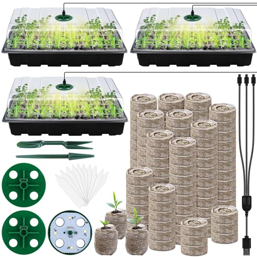 3 Pack Seed Starter Tray Kit with Grow Light Germination Trays with Humidity Dome, 120 Peat Pellets, Gardening Tools, Plant Labels, Plant Growing Trays for Seeds Growing Starting, Black - color: Black