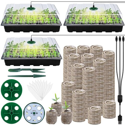 3 Pack Seed Starter Tray Kit with Grow Light Germination Trays with Humidity Dome, 120 Peat Pellets, Gardening Tools, Plant Labels, Plant Growing Trays for Seeds Growing Starting, Black - color: Black