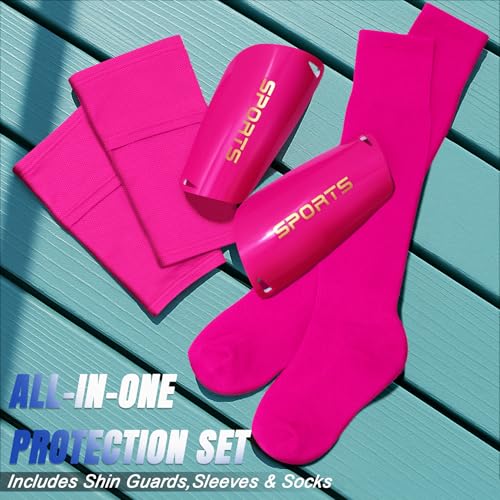 XZQTIVE Soccer Shin Guards with Shin Sleeves and Soccer Socks, Football Shin Pads Set for Kids Youth and Adult - color: pink, size: M(KIds,8-12 years)