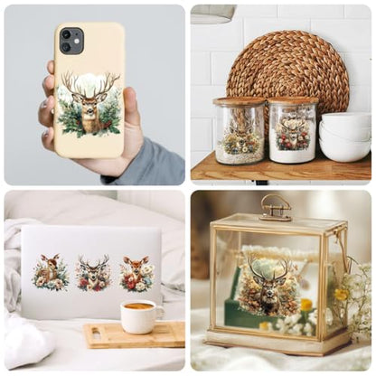 Peacoblue 18 Sheets Rub on Transfers for Crafts, Deer and Forest 3.6"x3.9" UV DTF Cup Wraps Waterproof Rub on Cold Transfers Stickers for Wood Glass Metal Cup Tumblers Mirrors Mugs Home Decor - style: Deer and Forest