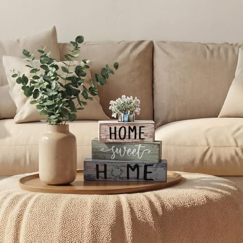 4 Pcs Spring Eucalyptus Mason Jar Wooden Block Decor Farmhouse Tiered Tray Signs Home Sweet Home Tabletop Centerpiece for Kitchen Shelf Decoration Housewarming Gifts