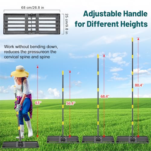 BsBsBest Lawn Leveling Rake, 26"x25" Peat Moss Spreader with 6FT Adjustable Handle Dirt Ground Level Tool for Yard Garden Golf Course Farm Pasture