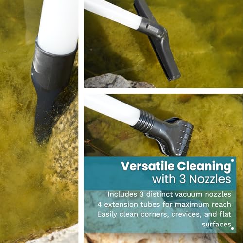 CleanSweep 1400 Pond Vacuum with a 13' Intake Suction Hose, 4 Extension Tubes, 3 Vacuum Nozzles, a 6.5 Foot Output Hose, and a Debris Collection Bag | 13 ft intake hose, 6.5 ft output hose, 4 extension tubes, 3 nozzles, Debris collection bag