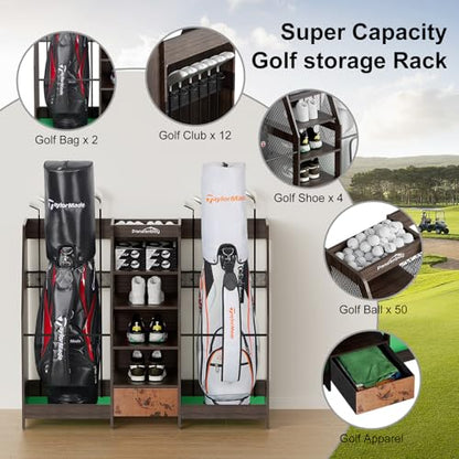 Golf Bag Storage Organizer Holds 2 Golf Bags for Garage - Wooden Rack - color: Black