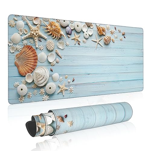 Large Mouse Pad Shells on Light Blue Wood Extended Gaming Mouse Pad Non-Slip Desk Mat with Stitched Edge Laptop Computer Keyboard Mousepad for Office Home 35.4" x 15.7" - color: Shells on Light Blue Wood