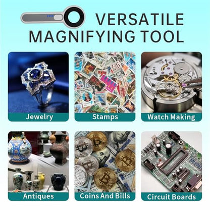 Handheld Magnifier 60X with UV&LED Lights Jeweler Loups Magnifying Glass with 30mm Optical Lens, Touch Light Control, Battery LED Indicator, Rechargeable Loupe Magnifier for Gemstones Watches Plants - size: 60X with Touch Light