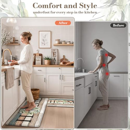 KIMODE Kitchen Mats 2PCS,Cushioned Anti Fatigue Farmhouse Kitchen Rugs and Mats,Non Skid Waterproof Kitchen Mats for Floor,Comfort Foam Standing Desk Mat for Home,Office,Sink,Laundry