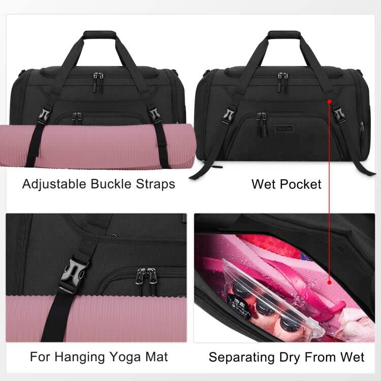Gym Duffle Bag for Women Men 40L Waterproof Sports Travel Duffel Bags with Shoe Compartment,Wet Pocket Large Weekender Overnight with Toiletry Bag,Black - size: 40L