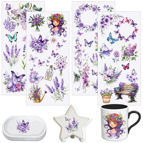 4 PCS Purple Flower UV DTF Cup Wraps, Waterproof Transfer Stickers for Tumblers and Mugs, Durable Rub-on Decals for Smooth and Flat Surfaces - style: purple flower
