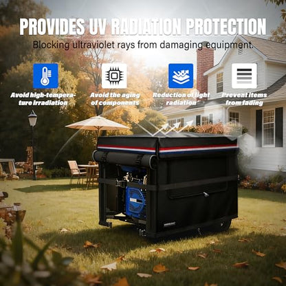 28x28x26 Inch Generator Cover. Available in 25/27/28/30/32/38 Inches. 900D Heavy-Duty Oxford Fabric with Advanced Windproof Buckles.Open top to add fuel. Suitable for Most 7000-10000W Generator.Black