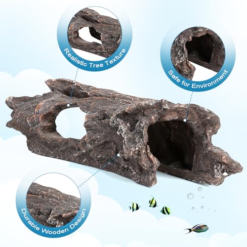 Fish Tank Decorations - Aquarium Cave Decor, Resin Hollow Tree Trunk Reptile Hide & Betta Log Hideout for 20 Gallon Tank, Fish Accessories Shelter Cave