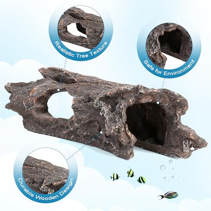 Fish Tank Decorations - Aquarium Cave Decor, Resin Hollow Tree Trunk Reptile Hide & Betta Log Hideout for 20 Gallon Tank, Fish Accessories Shelter Cave