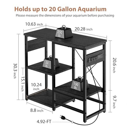 5-10 Gallon Fish Tank Stand with Power Outlets, 4 Tier Metal Aquarium Stand with Wood Storage Shelves, 20.3" L x 10.6" W x 30.3" H Turtle Reptile Fish Tank Table Aquarium Table - Black
