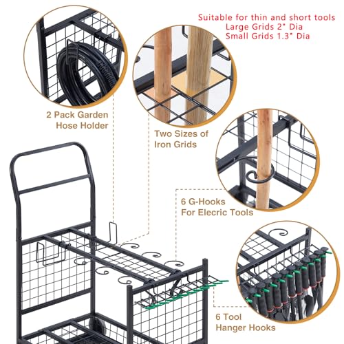 Lauren&Harold Garden Tool Organizer with 2 Stair-Climbing Wheels for Garage Storage, Garden Tool Rack, Up to 35 Long-Handled Tools, Rakes/Shovels/Yard Tools Storage Stand for Shed, Lawn and Outdoor