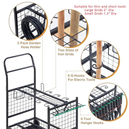 Lauren&Harold Garden Tool Organizer with 2 Stair-Climbing Wheels for Garage Storage, Garden Tool Rack, Up to 35 Long-Handled Tools, Rakes/Shovels/Yard Tools Storage Stand for Shed, Lawn and Outdoor