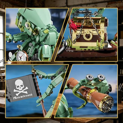 Steampunk Pirate Octopus Building Set for Adults, Mechanical Ocean Animal Collectible Model with Treasure Chest & Flag, Idea Gift for Teens Desk Decor Display -1128pcs