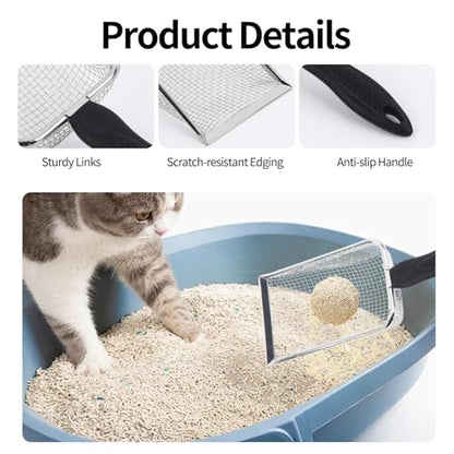 2 PCS Stainless Steel Mesh Cat Litter Scoop, Reptile Sand Scooper, Substrate and Gravel Sifter, Non-Slip Grip, Easy to Clean Reptile Terrarium Sand Waste(3.8mm & 5mm Mesh)