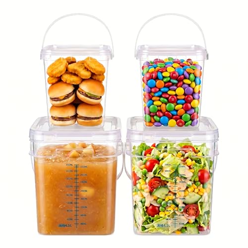 1Gal Clear Square Bucket with Airtight Lids, BPA-Free Food Storage Container for Kitchen Pantry, Meal Prep, Snack, Rice, Flour, Pet Food - Transparent Bucket with Scale Marks (2x4 Qt, 2x1 Qt)