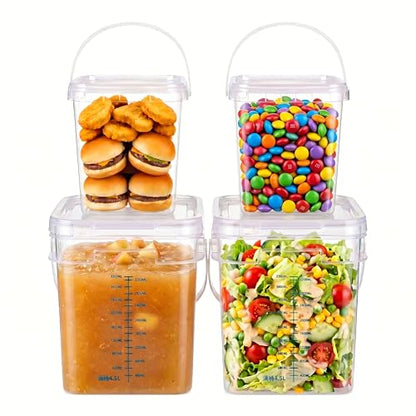 1Gal Clear Square Bucket with Airtight Lids, BPA-Free Food Storage Container for Kitchen Pantry, Meal Prep, Snack, Rice, Flour, Pet Food - Transparent Bucket with Scale Marks (2x4 Qt, 2x1 Qt)