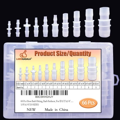 66Pcs Plastic Hose Barb Reducing Fittings Assortment, 10 Sizes of Barbed Reducer Hose Pipe Fitting Connector Adapter Union Splicer Joint for Air Gas Water Liquid Fuel Line Catheter Tube Pump Adapters