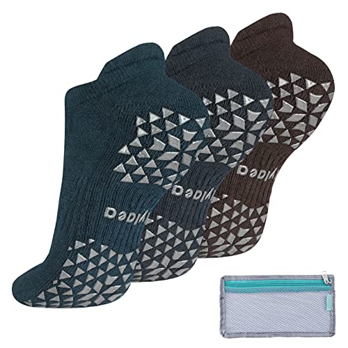 Hylaea Unisex Non Slip Socks with Grip for Yoga, Hospital, Pilates, Barre | Ankle, Cushioned - color: 1. Dark Green Dark Grey Coffee (3 Pairs), size: Small-Medium