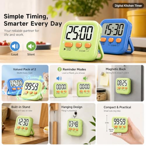 Antonki 2 Pack Digital Timer for Kids Classroom Kitchen Timers for Cooking - color: 2 * Green+ Sky Blue ( 95%+select for Kids )