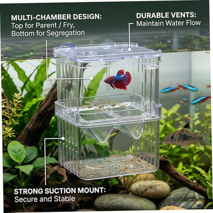 Aquarium Breeder Box, Breeder Box for Fish Tank 2 Layer Transparent Aquarium with Sucrion Cups Plastic Fish Breeding Boxes for Small Shrimp Clown Guppies