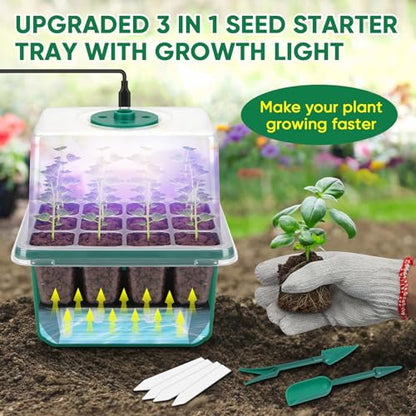 Self-Watering Seed Starter Tray Kit with Grow Light and Humidity Dome,3 Color Growing Light,5-Pack 60-Cell Plant Seedling Tray,Reusable Plastic Germination Trays,Timed Light Plant Starter Set