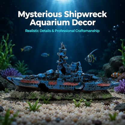 Mipukbay Shipwreck Aquarium Decorations, Resin Fish Tank Artificial Rock Ornament for Freshwater/Saltwater, Safe Landscape Hideout for Betta Fish, Goldfish and Aquatic Pets - size: Shipwreck