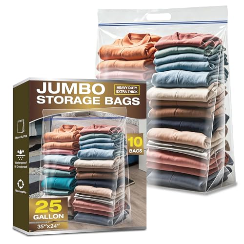25 Gallon Large Storage Bags, 4 Mil Thick Clear Heavy Duty Plastic Bags with Zipper and Handles, 10 Pack 24"x35" for Clothing, Pillows, Moving and Travel - size: 10 Jumbo