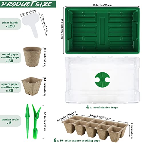 4 Pack Seed Starter Tray Set Plants Growing Trays Peat Pots for Seedlings with Seed Starter Pots, Plastic Germination Tray, Plant Labels, Tool for Flower Vegetable Planting, Green
