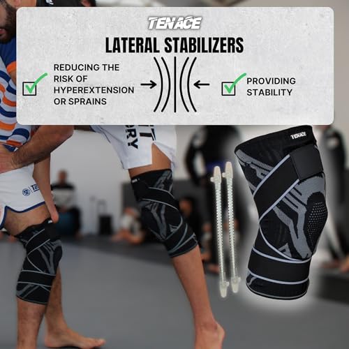 Tenace BJJ Knee Brace – Compression Knee Pad with Side Stabilizers & Gel Pad for Grappling, Jiu Jitsu, MMA, Wrestling, Judo & Muay Thai (Black, X-Large) - color: Black, size: X-Large