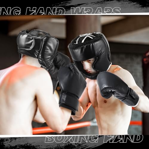 Kanayu 14 Pcs Boxing Gloves and Headgear Set for Beginners Youth 16 Ounce Boxing Gloves Headgear Helmet Hand Wraps Mouth Guards Equipment for Beginners Training Equipment Gifts - color: Black