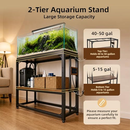 40 Gallon Tank Stand with Power Outlets - Heavy Duty Metal Fish Tank Stands for Turtle Reptile Terrarium, 2-Tier Aquarium Stand with Adjustable Wood Storage Shelf, 660LBS Capacity (Rustic Brown, 36.6"x18.5"x29")