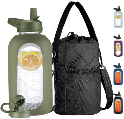 CIVAGO 64 oz Glass Water Bottle with Straw and Insulated Bottle Holder | Half Gallon Motivational Water Jug with Time Marker and Silicone Sleeve, Large Leakproof Water Flask with 2 Lids, Army Green - color: Army Green, size: 64 Ounces