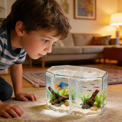 Alipis Octagonal Acrylic Betta Fish Breeding Box with Dual Compartments, High Transparency Isolation Hatchery Tank for Small Tropical Fish, Desktop Aquarium Separation Container