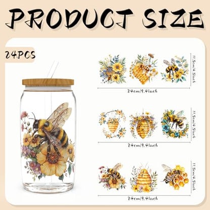 24pcs Bee UV DTF Cup Wrap for Glass Series UV DTF Cup Wraps for 16OZ Glass, Decorative Cups, Bottles, etc., Crafts, DIY Art Supplies Packaging Transfer Paper - style: Bee