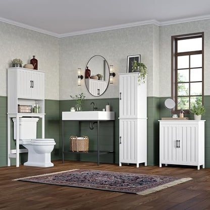 RiverRidge Monroe Two-Door Floor Storage Cabinet - Bathroom Storage Cabinet with Adjustable Shelves - Soft-Close Doors White Finish with Matte Black Handles