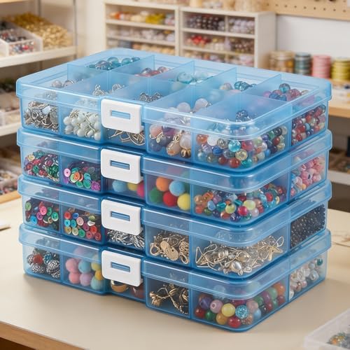 4-Pack Plastic Organizer Boxes with 40 Grids, Stackable Jewelry & Craft Storage Case, Waterproof Hardware Parts Holder Portable DIY Hobbyist, Beads and Fishing Tackle (Blue)