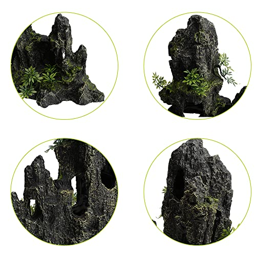 11 Inch Large Aquarium Decor, Tall Resin Mountain Rock Cave with Plants for Natural Aquascape – Realistic Fish Tank Decorations & Hiding Place for Betta, Shrimp, Cichlids