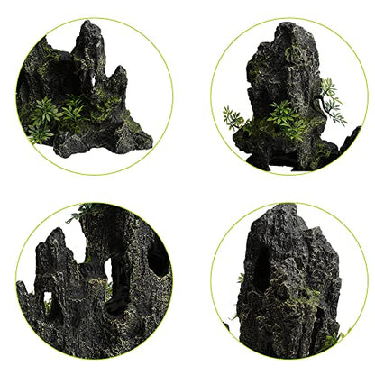11 Inch Large Aquarium Decor, Tall Resin Mountain Rock Cave with Plants for Natural Aquascape – Realistic Fish Tank Decorations & Hiding Place for Betta, Shrimp, Cichlids